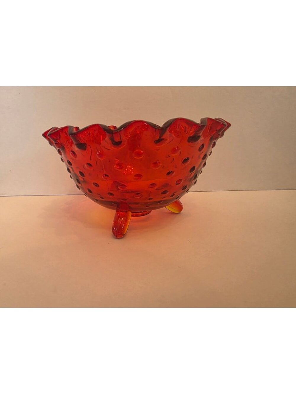 Vintage Amberina Glass Hobnail Footed Bowl With Ruffled Edge